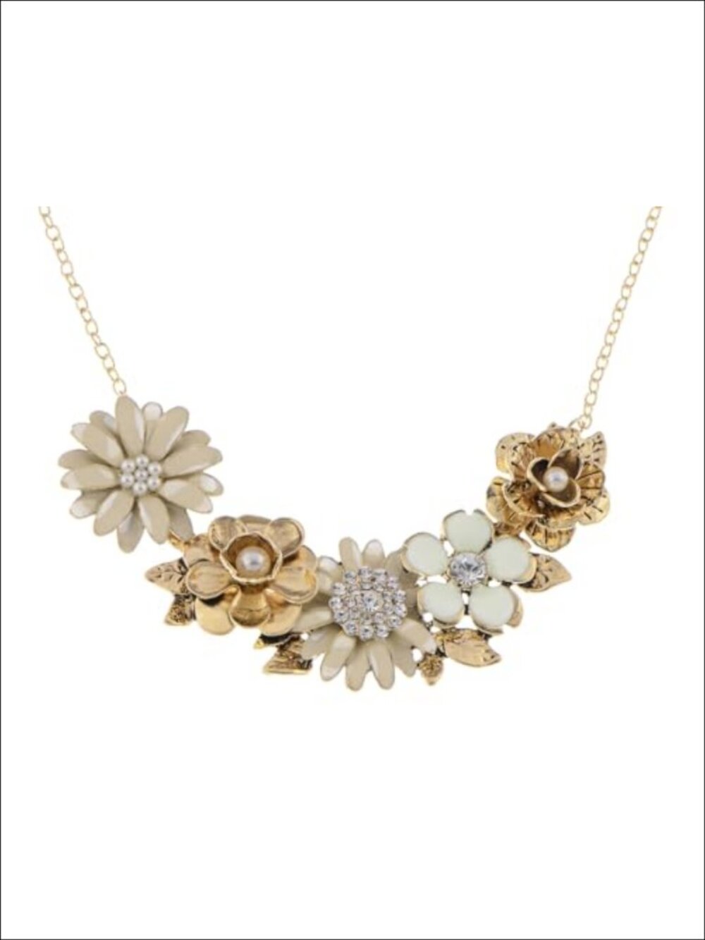 Womens Flower Rhinestones Pearl Statement Bib Golden Tone Necklace